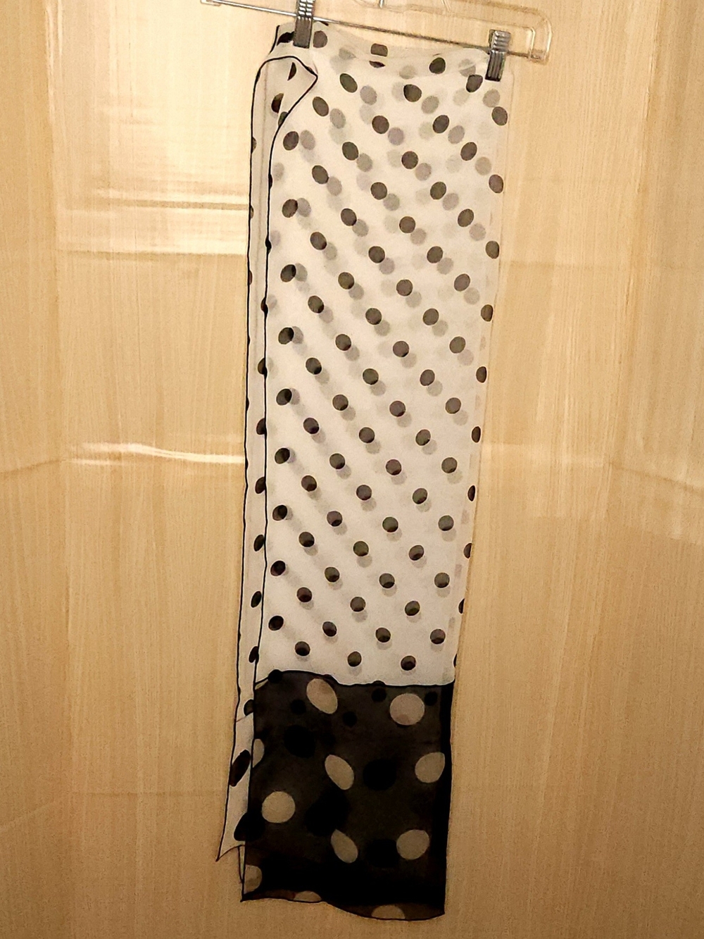 Elements women’s silk black white polka dot sheer scarf.